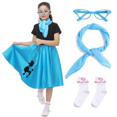 PRICES MAY VARY. 4 Pcs 50s Vintage Costume Set-Package Comes with all about 50s dress-up,includes: 1 x Poodle Skirt;1 x 50's Chiffon Scarf; 1 x Cat Eye Glasses; 1 x Bobby Socks.The T-shirt isn't included. There are three sizes:S（4-6） M(8-10) L（12-14),fit girls of all shapes and sizes.The poodle skirt features an elastic waistband,to provide a suitable,comfirtable wear.Four colors to choose:pink,red,blue,purple. Made of 100% polyester，the surface of the dress feels very smooth and soft,comfortabl 50s Dress Up, Sock Hop Costumes, Pretend Play Costumes, Bobby Socks, Christmas Cocktail Party, Sock Hop, Poodle Skirt, 50s Vintage, Chiffon Scarf