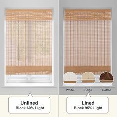 two different shades of bamboo blinds with the same color and width for each window curtain