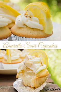 lemon cupcakes with meringue and whipped cream on top, one is cut in half