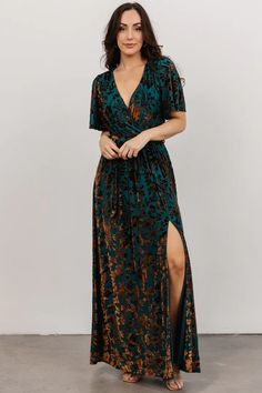 Uma Velvet Maxi Dress | Copper Floral | Baltic Born Luxurious Dresses, Baltic Born, Velvet Maxi Dress, Velvet Maxi, Rust Dress, Satin Maxi Dress, Maxi Dress Green, Velvet Material, Ruffled Maxi Dress