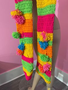 "Oversize Crochet Stripe Thigh Highs, these are so cute & fun looking on! They are made to be worn way up high and with a pair of garters/garter belt. This design is from my 2023 mardi gras collection. In the video of my wearing them, this pair is made for someone taller, i am only 5'1\". They are made from acrylic yarn. Thank you for looking and supporting handmade!  Measurements: ~length 33\" & 36\" ~around top thigh 18\" to 22\" ~around ankle/foot 13\" to 14\" ~around middle knee area 12\" to 18\" Hand Wash cold water& Dry Flat  & be sure to measure yourself! *if you like my creations and want to keep up with things being made, please follow my ig @crudethings Please check out my other etsy shops for unique jewelry/headpieces & photos/artwork/dolls http://www.etsy.com/shop/BlackLodgeJew Headpiece Jewelry, Striped Leggings, Womens Tights, Socks And Hosiery, Thigh High, Bright Color, Leg Warmers, Thigh Highs, Acrylic Yarn