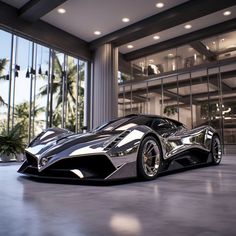 a futuristic car is parked in front of a large glass building with palm trees behind it