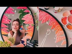 a woman taking a selfie in front of a mirror with pink flowers on it