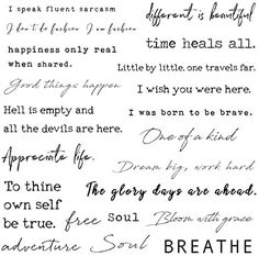 some handwriting written in different languages on white paper with the words breathe and love above them