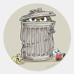 a cartoon trash can with eyes sticking out of it's top, surrounded by other garbage cans