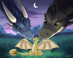 two blue and yellow dragon facing each other in front of a purple sky with stars