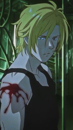 an anime character with blonde hair and blood dripping from his chest, looking at the camera