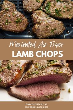 grilled meat with herbs on top and the words marinated air fryer lamb chops