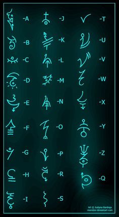 the symbols for all kinds of letters and numbers are shown in green neon light on a black background