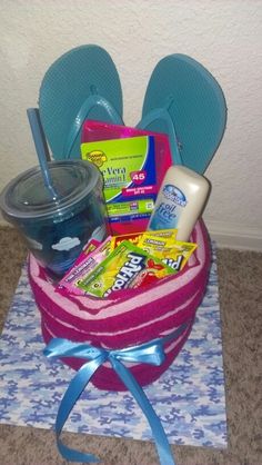 a pink and blue bag with some items in it