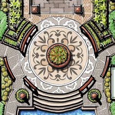 an aerial view of a patio with a pool and seating area in the center is shown