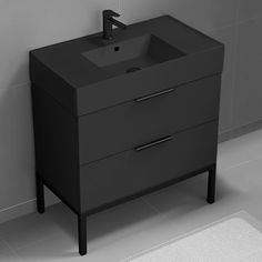 Black Bathroom Vanity With Black Sink, Modern, Free Standing, 32 Inch Matte Black Bathroom Vanity, Bathroom Vanity Modern, Black Drawer Handles, Cabinet Feet, Black Bathroom Vanity, Exterior Panels, Vanity Modern, Black Toilet Paper Holder, Blue Bathroom Vanity