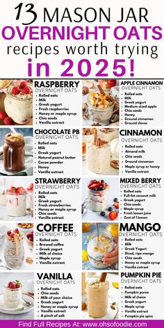 Text reads 13 Mason Jar Overnight Oats Recipes Worth Trying in 2025! Pb2 Overnight Oats Healthy, Overnight Oats For Lactation, Savory Overnight Oats Healthy, Vanilla Overnight Oats Recipe, Overnight Oats Chocolate Peanut Butter, Mason Jar Overnight Oats, Overnight Oats Vanilla, Mixed Berry Overnight Oats, Overnight Oats Mason Jar