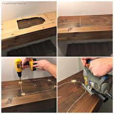 four pictures showing how to make a diy wood table top with nails and glue