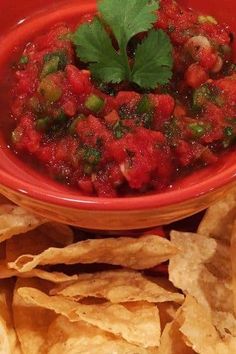 a red bowl filled with salsa surrounded by tortilla chips