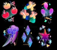 an assortment of neon stickers on a black background with stars and shapes in the shape of hearts