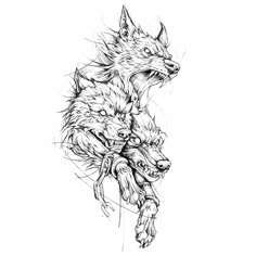 an ink drawing of two wolfs with their heads turned to look like they are hugging