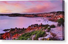 an image of the ocean at sunset with rocks and trees in the foreground canvas print