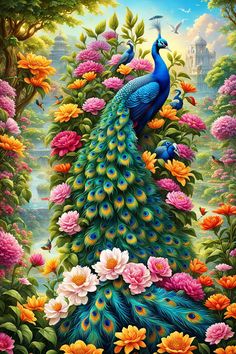 a painting of a peacock in the middle of flowers