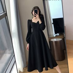 Hepburn Style, Mid Length Skirts, Long Black Dress, Long Puff Sleeves, Womens Black Dress, Trending Dresses, Waist Length, Elegant Dress, Skirt Length