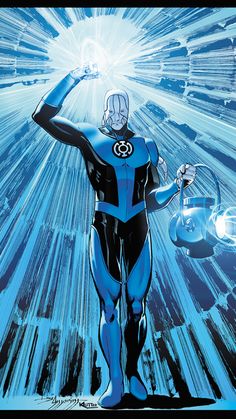 the blue lantern is standing in front of an alien like creature with his hands up