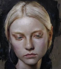 a painting of a woman's face with eyes closed and her hair pulled back