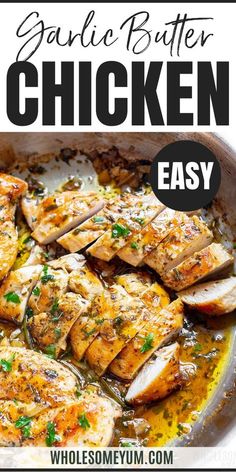 grilled chicken with garlic and parsley in a skillet