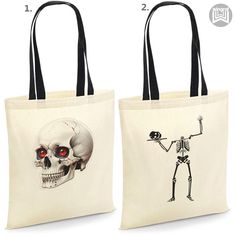 two bags with skeletons on them, one has a skeleton and the other has a red eye