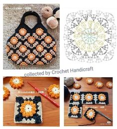 crochet patterns for purses and handbags are shown in three different pictures