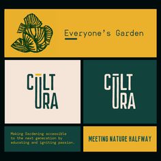 the logo for everyone's garden is shown in green, yellow and white colors