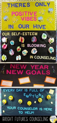 three bulletin boards with different sayings and pictures on them for new year's eve