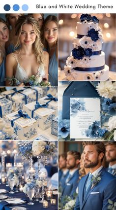 blue and white wedding theme with flowers