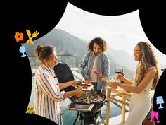 three people standing around a grill with food and wine