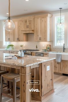 a kitchen with wooden cabinets and an island in the middle is featured on viva