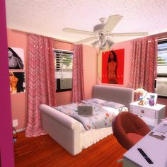 a bedroom with pink walls and white furniture