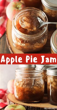 apple pie jam in jars on a wooden table