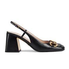 Brand New 100% Authentic Gucci Luxury Slingback Pumps For Work, Gucci Leather Slingback Pumps For Work, Gucci Black Slingback Pumps With Branded Heel, Black Leather Gucci Slingback Pumps, Gucci Black Slingback Pumps With Heel Strap, Black Gucci Slingback Pumps With Heel Strap, Gucci Black Slingback Pumps For Party, Black Gucci Slingback Pumps For Party, Chic Black Gucci Slingback Pumps