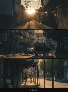 the sun is setting on an urban street with cars and people walking down the road