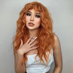 Long Orange Curly Wig With Bang/ Heat Resistant Synthetic Wig/ - Etsy Roll Hair, Curly Synthetic Wig, Body References, Bangs Wig, Face Study, Wig Party, Hair Extensions Best, Wig With Bangs, Copper Hair