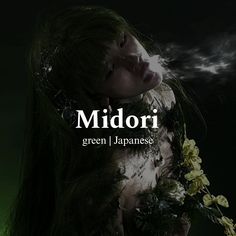 a woman with long hair holding flowers in her hand and the words midori written on it