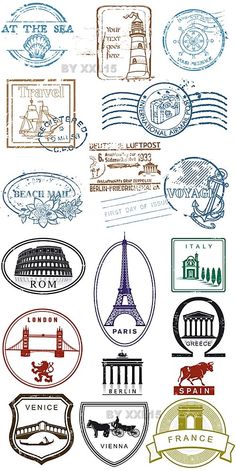 various stamps with the names of different countries and their cities, all in different colors