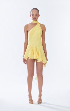 Ms.Godet Asymmetric Dress Special Occasion Dresses Mini, Luxury Asymmetrical Chic Mini Dress, Elegant Yellow Mini Dress With Ruffle Hem, Wedding Guest Mini Dress, Chic Yellow Asymmetrical Mini Dress, Luxury Yellow Mini Dress, Yellow Party Dress, Stolen Stores, Luxury Yellow Mini Dress With Ruffles