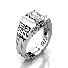 Aztec Mens 14K White Gold 3.0 Carat Emerald Cut White Sapphire Modern Wedding Ring G1294-14KWGWS Wedding Rings Pink Sapphire, Blue Sapphire Wedding Ring, Amethyst Wedding Rings, Topaz Wedding Ring, Ruby Wedding Rings, Modern Wedding Rings, Amethyst Wedding, Emerald Wedding Rings, Sapphire Wedding Rings