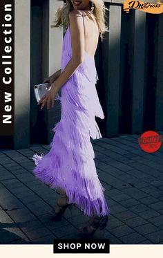 Sleeveless Slip Dress Fringed Maxi Dress Purple Sleeveless Evening Dress For Night Out, Purple Sleeveless Midi Dress For Evening, Purple Summer Maxi Dress For Prom, Glamorous Sleeveless Purple Midi Dress, Chic Purple Sleeveless Evening Dress, Purple Maxi Evening Dress For Summer, Chic Halter Neck Spring Evening Dress, Chic Sleeveless Maxi Dress For Party Season, Sleeveless Purple Cocktail Evening Dress