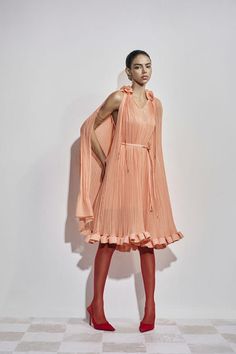 Carnation Drop Waist V-Neck Chiffon Midi Dress | MEAN BLVD Chic Pleated V-neck Chiffon Dress, Chic Pleated Chiffon Dress With V-neck, Spring Chic Silk Chiffon Midi Dress, Chic Silk Chiffon Midi Dress For Spring, Sheer Silk V-neck Dress, Silk Chiffon Dress For Spring Party, Feminine Evening Chiffon Dress With V-neck, Spring Wedding Guest Georgette Dress, Chic Georgette Dress For Wedding Guest