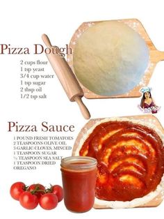 the ingredients for pizza dough are shown in this graphic above it is an image of tomato sauce, pizza dough and cherry tomatoes