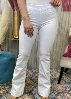 Basic Needs White Flare Pants-Shop-Womens-Boutique-Clothing Trendy White Stretch Flare Jeans, White Stretch Flare Jeans, Chic White Stretch Flare Jeans, Stretch White Bottoms For Fall, White Stretch Bottoms For Fall, White Stretch Casual Flare Jeans, White Stretch Flare Jeans Casual Style, Casual White Stretch Flare Jeans, Trendy White Flare Bottoms