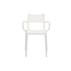 a white plastic chair with arms and legs, viewed from the front on a white background