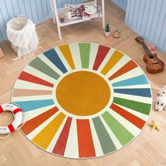 a brightly colored rug in a child's room