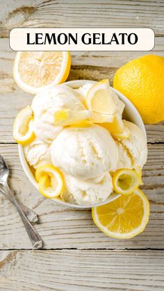 a bowl filled with ice cream next to sliced lemons